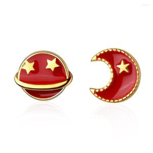 Stud Earrings Asymmetric Red Moon & Star 925 Sterling Silver Lady For Women Wholesale Jewelry No Fade Gift Students