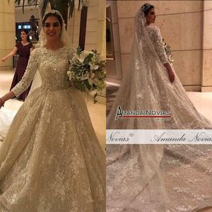 Chamagne 3D Flowers Ball Gown Wedding Dresses Muslim långa ärmar Öppna rygg plus storlek Brudklänning riktiga bilder259y