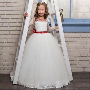 Flickaklänningar Flower Kids First Communion Dress for Party Wedding Elegant Red Sequin Sash Lace Princess Gown