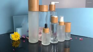 Storage Bottles Wholesale 20/50/60/80/100ml 1OZ Frosted Glass Cosmetic Alcohol Body Spray Bamboo Collar Sprayer Pump Containers