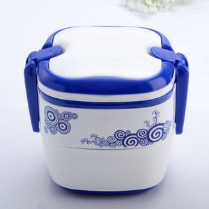 Set di stoviglie 2023 Bento da pranzo in plastica cinese tradizionale blu e bianco per bambini Posate portatili a doppio strato in stile scatola