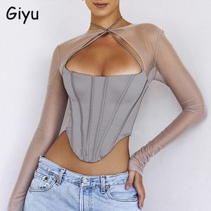 T-shirt giyu sexig klubbfest blues kvinnor korsett grödor 2023 sommar höstmask skjortor blus ihålig ut långärmad blusa femme femme