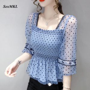 T-Shirt New Fashion Summer Vintage Blusen Frauen 2023 Sexy Korean Casual Polka Punkt gedruckter Chiffon Bluse Ladies Slim French Corsett Top