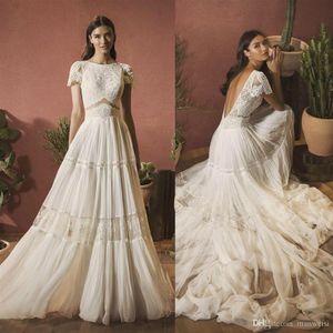 Vintage Bohemian Backless Wedding Dresses 2020 Short Sleeve Lace Appliqued Boho Chiffon Bridal Gowns A Line Wedding Dress robe de 257O