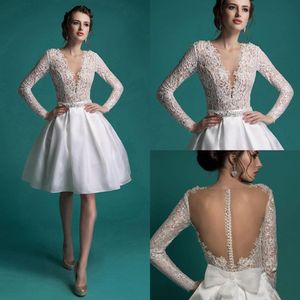 Vestido de noiva koronkowa sukienka ślubna 2020 Krótki szampan Tiul Pearls Bride Sukienki na kolanę Iluzję Iluzję Gowns184b