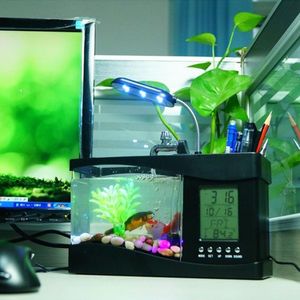 Serbatoi USB Mini boccia per pesci rossi Lampada da tavolo Piccolo acquario ecologico multifunzionale Decorazione per ufficio Acquario Orologio Luce notturna