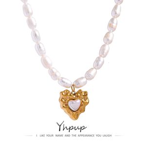Pendant Necklaces Yhpup Heart Pendant Collar Necklace Elegant Natural Freshwater Pearl Chain Necklace Stainless Steel Jewelry Female Gift 230617