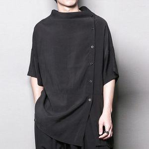 Camisas casuais masculinas soltas diagonais controle de acesso camisa de manga curta moda japonesa design assimétrico meia gola alta