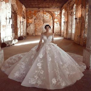 Luxury Arabic Wedding Dresses 2020 Ball Gown Sheer Neck Sweep Train 3D Floral Appliqued Bead Garden Long Sleeves Bridal Gown Robe 247E