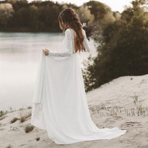 Novo Vestido de Noiva de Praia Mangas Compridas Boho Decote em V Costas Abertas Vestidos de Noiva 2019 Chiffon Renda Vestido de Noiva novias291N