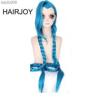 HAIRJOY Cosplay Lol Jinx 100 cm Lungo Blu con Doppie Trecce Costume di Halloween Anime Parrucca Resistente Al Calore Capelli Sintetici L230520