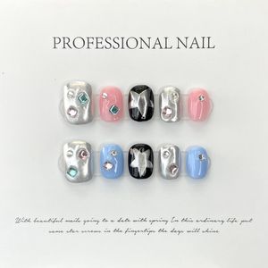 Falska naglar handgjorda y2k tryck på naglar kort söt rosa blå koreanska limfalska naglar Artifical Acrylic Star Nail Tips Full Cover Nail Art 230619