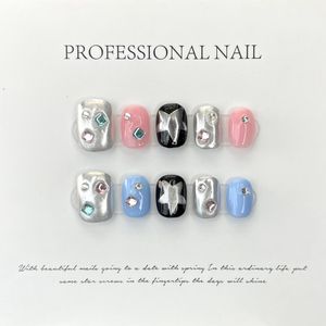 Falsche Nägel Handgemacht Y2k Press on Nails Kurze süße rosa blaue koreanische selbstklebende falsche Nägel Künstliche Acryl-Stern-Nagelspitze Full Cover Nail Art 230619