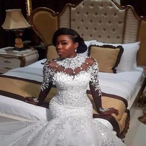 Luxury Mermaid Wedding Dresses Sheer Long Sleeve High Neck Crystal Beads Chapel Train African Arabiska brudklänningar plus storlek Custom265Z