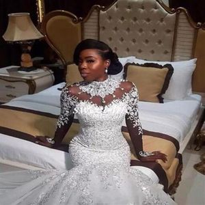 Luxury Mermaid Wedding Dresses Sheer Long Sleeve High Neck Crystal Beads Chapel Train African Arabic Bridal Gowns Plus Size Custom265Z