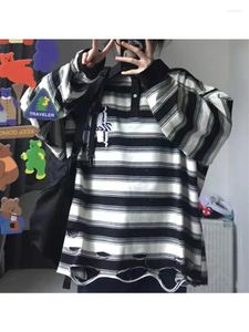 Felpe con cappuccio da donna HOUZHOU Felpa a righe bianche e nere coreane Donna Grunge Streetwear Magliette a maniche lunghe di base strappate Harajuku oversize