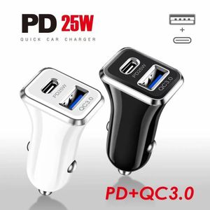 Ny Mini Portable 12W 25W Dual Ports PD USB C Car Charger Auto Power Adapters QC3.0 Typ C Snabb snabbladdare för iPhone 15 14 13 Samsung LG Android -telefon med detaljhandeln