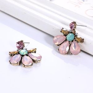 Dangle Küpeler Etnik Çiçek Şeklinde Antika Bronz Pembe Küpe Bildirimi Renkli Rhinestone Damla Kadınlar için Bohemia Takı Bijoux