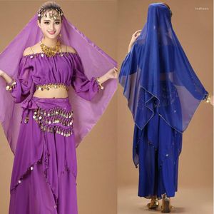 Sahne Giyim Yetişkin Göbek Dans Kostüm Seti Şifon Madeni Para Uzun Kollu Üst ve Etek Takım Kadınlar Mor Dans Giysileri