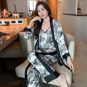 Women's Sleepwear Women's Silk Pajamas Ice Sexy Sling Vest Nightgown Pants 3 Pieces Casual Home Wear Satin Pyjama Femme