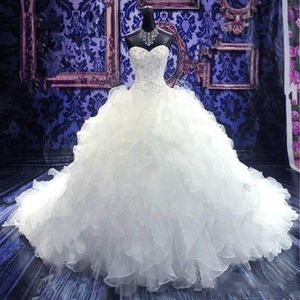 Luxury Beaded Embroidery Ball Gown Wedding Dresses Princess Gown Corset Sweetheart Organza Ruffles Cathedral Train Bridal Gowns Ch239l