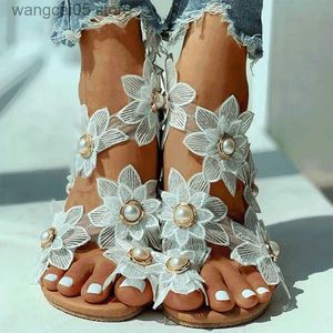 Sandały 2020 nowe letnie buty damskie Sandały Sandały Białe kwiatowe płaskie sandały Kobiety Buhemian Casual Beach Buty dla kobiety T230619