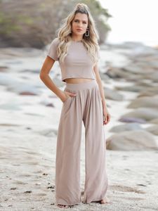 Fashion Casual Women Suits 2023 Summer Short Sleeve T-shirt Wide Ben Loose Trouser Two-Piece Set High midjebyxor Elegant Set