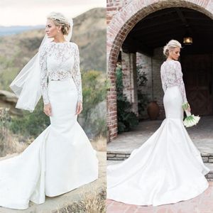 2 Pieces Mermaid Wedding Dresses Long Sleeve See Through Lace Top Satin Skirt Bridal Gowns Sweep Train Custom Size286p