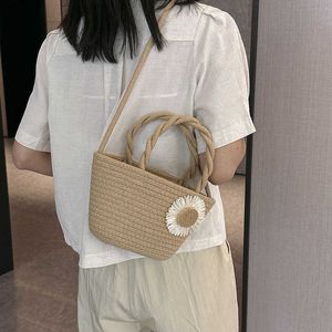 Beach Bags Fashion Flower Decoration One Shoulder Crossbody Bag for Women 2023 Summer Simple Woven Plaid Handheld Basket