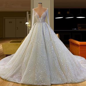 Luxury Glitter Wedding Dresses Deep V Neck Long Sleeves Gorgeous Dubai Bridal Gown Bling Sequins Crystal Party Gowns Robe de marie304a