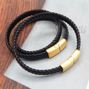 Charm Bracelets Stainless Steel Clasp Bangle Black Braided Real Genuine Leather Cords Rope 8mm Flat Cord Bracelet Jewelry Accessories