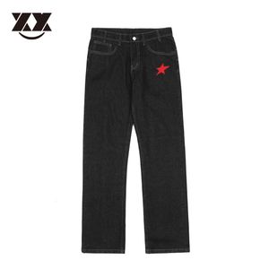 Erkek kot pantolon büyük boy retro yıldızlar nakış yıkanmış siyah denim erkek pantolonlar harajuku düz sıradan çift kot gevşek jean pantolon 230619