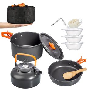 Handverktyg Camping Cookware CookingSet Survival Equipment Aluminium Nonstick utomhus Tabeller Kokare Kettle Pot Pan Bowl Turing Trip BBQ Picnic 230617