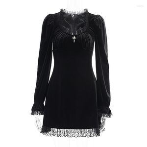 Casual Dresses Gothic Black Sexy Pentagram Retro Dress Aesthetic Punk High Waist Long Slieeve Bandage Mini Ladies Party Goth