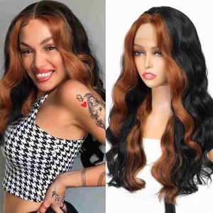 Nxy Hair Wigs 14 30inch Synthetic Highlight Lace Wig Long Wavy Ombre for Black Women Middle Part Fake Scalp Body Daily Use 230619