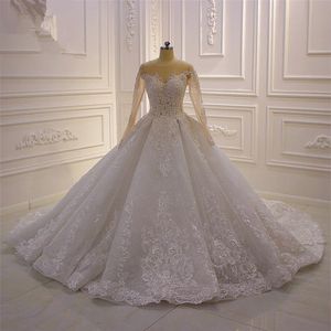 Lyx 2020 Bollklänning Bröllopsklänningar Långa ärmar Lace Appliced ​​Sheer Bridal Dresses Pärlade paljetter Plus Size Bröllopsklänningar Robe326b