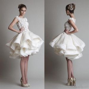 A Line Lace Organza Dress Mini Jewel Bell Cap Empire Appliques Ruffles Button vestidos short wedding dresses SW0055303V