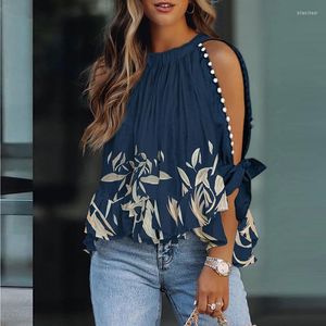 Blusas femininas femininas casuais manga longa com miçangas blusas estampadas elegantes camisas 2023 verão moda escritório pulôver com decote em o tops