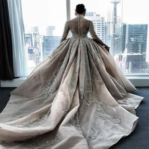 Luxury Crystal Beaded High Neck Mermaid Wedding Dresses With Detachable Train Sexy Plus Size Long Sleeves Arabic Mulslim Bridal Go3193