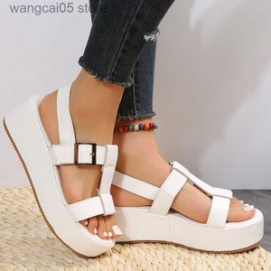 Sandals Women's Platform Sandals Summer New 2023 Leather Black Round Toe Middle Heels Wedges Sandals Luxury Flat Casual Beach Slingback T230619