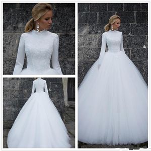 2019 Nuovo collo alto maniche lunghe pizzo una linea abiti da sposa musulmani raso impero pizzo applique cerniera tulle matrimonio invernale da sposa G290Y