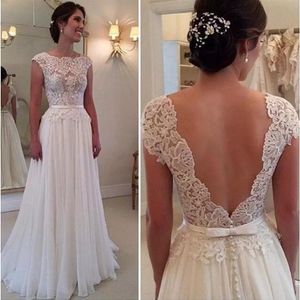 Scoop Neck Lace Chiffon Beach Wedding Dress with V Back 2020 Appliques Bröllopsklänningar Nya Casamento274L