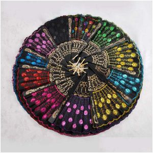 Party Favor Plastic Embroidered paljetter Folding Flower Lace Fan Dance Hand Fans Dekor Dancing Supplies Spanish Style ZA3499 DHGPS