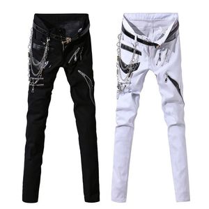 Męskie dżinsy męskie Hip Hop z łańcuchem patchwork punk gotycki imprezowy scena multi zippers skórzane spodnie dla mężczyzny 230619