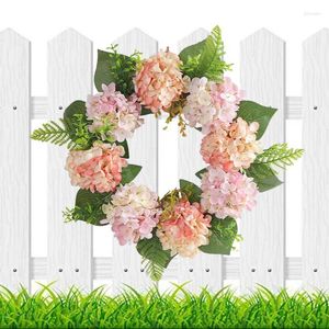 Decorative Flowers Hydrangea Door Wreath 15.7inch Artificial Pink And Purple Spring With Green Leaves For Front Garden Wall Home Decor