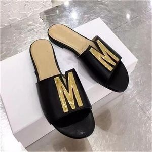 Metalen Letters Vrouwen Sandalen Merk Slippers Echt Leer Platte Strand Schoenen Designer Slippers Klassiekers Dames Slides Size34-42