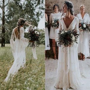 Boho Bohemia Pełne koronkowe sukienki ślubne bez pleców długie rękawy niestandardowe suknie ślubne Vestido de novia297g