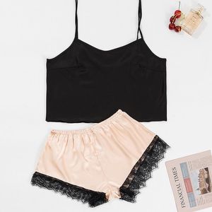 Women's Sleepwear Satin Women Strap Top&Shorts Summer 2PCS PJS Set Casual Loungewear V-Neck Nightwear Intimate Lingerie Lace Home Wear