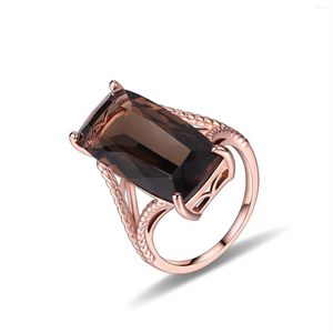 Cluster Rings GEM'S BALLET Vintage Smoky Quartz Ring Rose Gold Plated Rectangle Cut Brown Healing Stones Statement In 925 Sterling