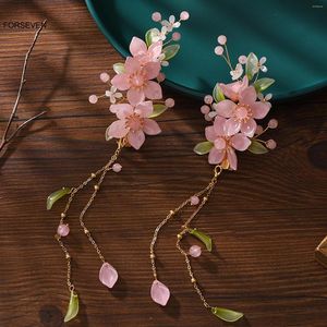 Hair Clips Pink Flower Hairpins Side Retro Chinese Accessories Pendant Fringe Jewelry For Women Girls Hanfu Dress Headpiece